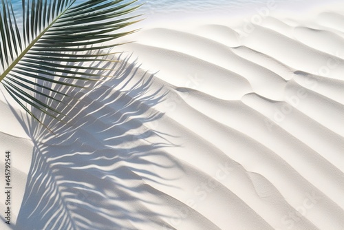 Palm leaf shadow on abstract white sand beach background, sun lights on water surface, beautiful abstract background concept banner for summer vacation at the beach