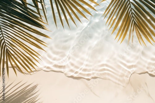 Palm leaf shadow on abstract white sand beach background, sun lights on water surface, beautiful abstract background concept banner for summer vacation at the beach