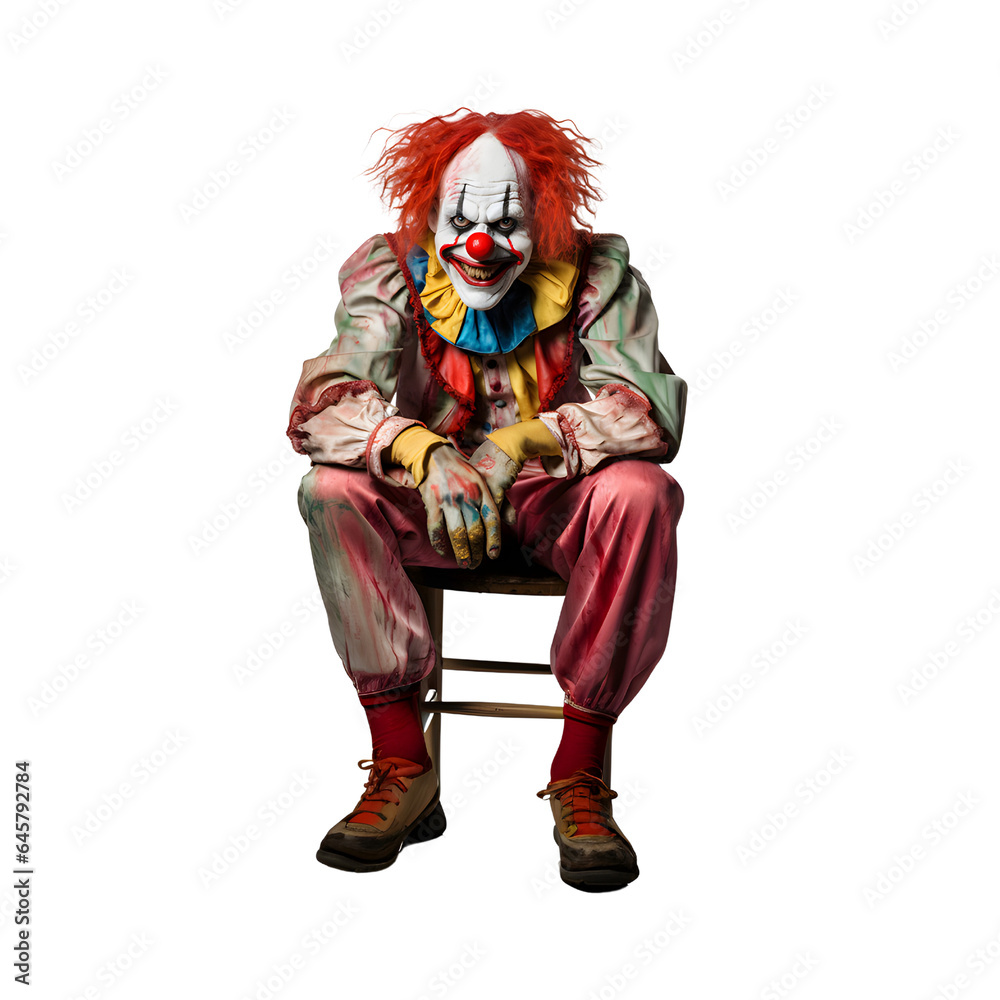 Scary clown sitting on a chair isolated on transparent background
