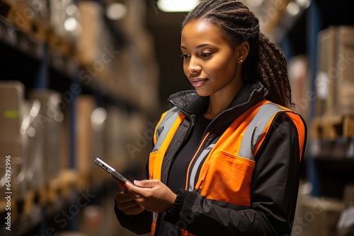 Engineer stands in a warehouse with a tablet computer and checks the statements for the presence of goods.Engineer with orange safety jacket and PPE walk audit in factory and warehouse. ai generative © Vilaysack