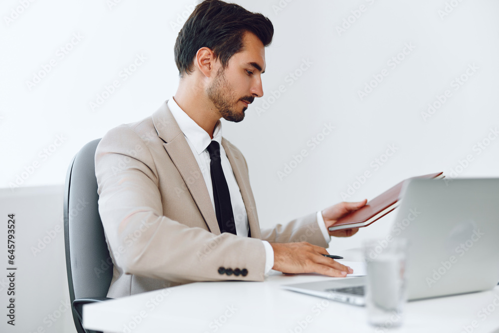 Planning company office paper happy holding document businessman suit workplace laptop Planning company office paper happy holding document businessman suit workplace laptop