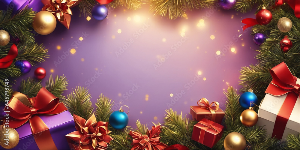 Christmas illustration with colored gift boxes with ribbons and bows, Christmas tree branches, colored balls and other decorations. Generative AI