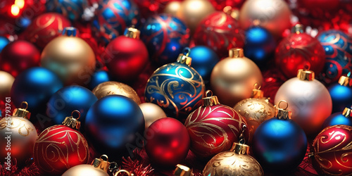Christmas illustration with blue  red and golden balls and other decorations. Generative AI