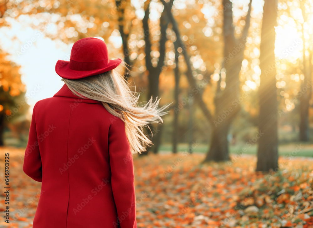 Young woman with long hair wearing red wool coat and hat walking on sunset in autumn park