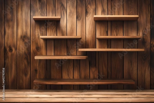 Wooden shelves with racks to put clothes and accessories copyspace