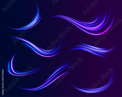  Light arc in neon colors, in the form of a turn and a zigzag. Creative vector illustration of flying cosmic meteor, planetoid, comet, fireball isolated on transparent background. 