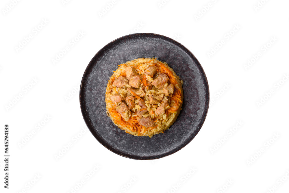 Pilaf or pilau with chicken, traditional uzbek hot dish of boiled rice and chicken meat Pilaf or pilau with chicken, traditional uzbek hot dish of boiled rice and chicken meat