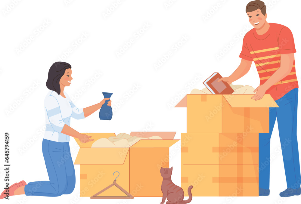 Man and woman packing things in cardboard boxes. Couple moving house Man and woman packing things in cardboard boxes. Couple moving house
