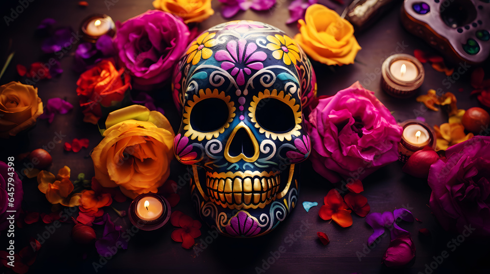 Traditional Día de Muertos altar with vibrant skull and flower accents. Traditional Día de Muertos altar with vibrant skull and flower accents.