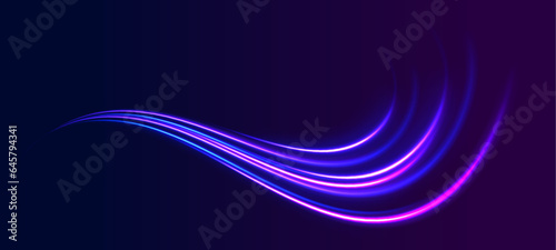 Neon stripes in the form of drill, turns and swirl. Illustration of high speed concept. Motion light effect for banners. The effect of speed on a blue background. 