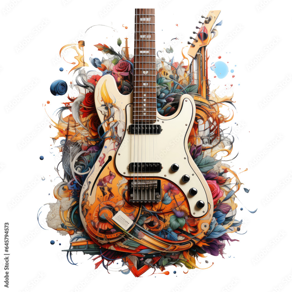 An electric guitar portrayed in an Instruments t-shirt design, the guitar's body forming the core of an ancient library filled with musical manuscripts and instruments, Generative Ai