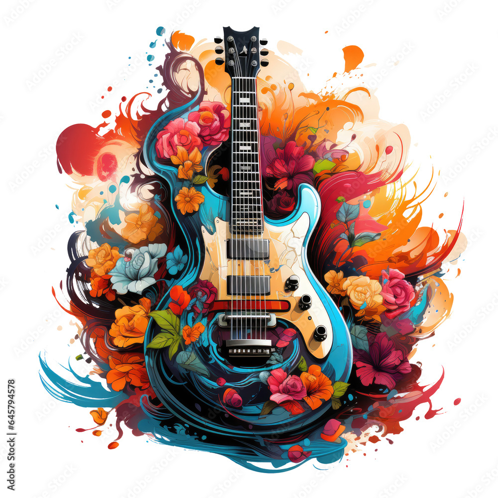 An electric guitar illuminated in an Instruments t-shirt design, the guitar's body merging with the vibrant colors and patterns of a lively carnival, Generative Ai