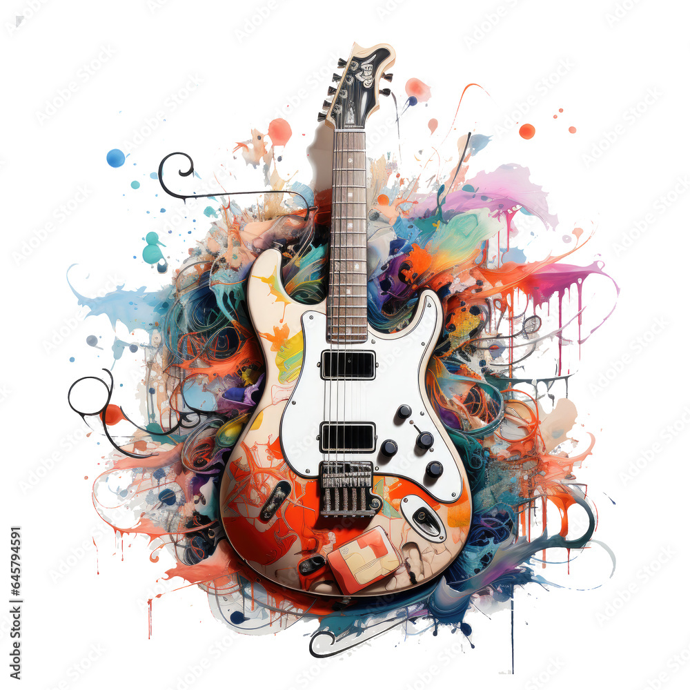 An electric guitar featured in an Instruments t-shirt design, the guitar's body integrating into a surreal dreamscape, Generative Ai