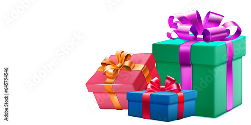 Festive illustration with three colored gift boxes with ribbons and bows on white background