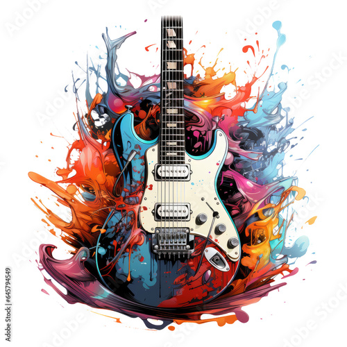 An electric guitar featured in an Instruments t-shirt design  the guitar s body transformed into a vibrant marketplace in a fantasy realm  Generative Ai