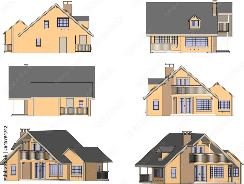 Vector sketch illustration of country style rural house architectural design