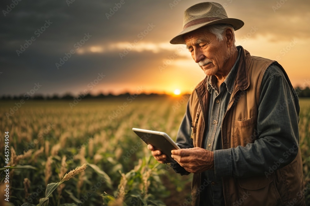 A modern farmer in a corn field using a digital tablet to review harvest and crop performance, ESG concept and application of technology in contemporary agriculture practices A modern farmer in a corn field using a digital tablet to review harvest and crop performance, ESG concept and application of technology in contemporary agriculture practices
