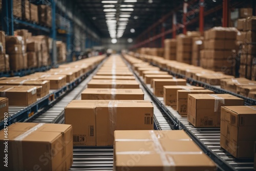Closeup of multiple cardboard box packages seamlessly moving along a conveyor belt in a warehouse fulfillment center, a snapshot of e-commerce, delivery, automation and products.