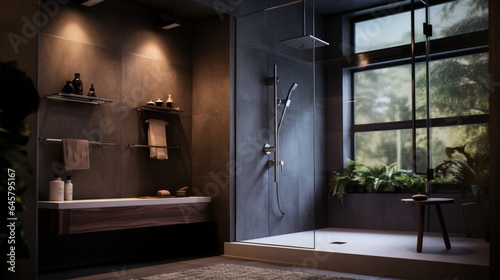 A bathroom with a built-in bench and a rainfall showerhead