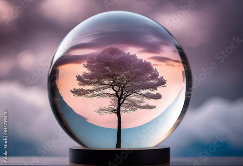 tree in a crystal ball in minimal style with pastel colors