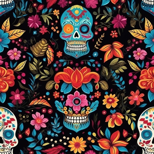 Wallpaper Mural Day dead skull, seamless pattern. AI Generated. Torontodigital.ca