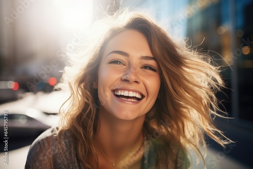 Portrait of laughing Caucasian girl on the street.