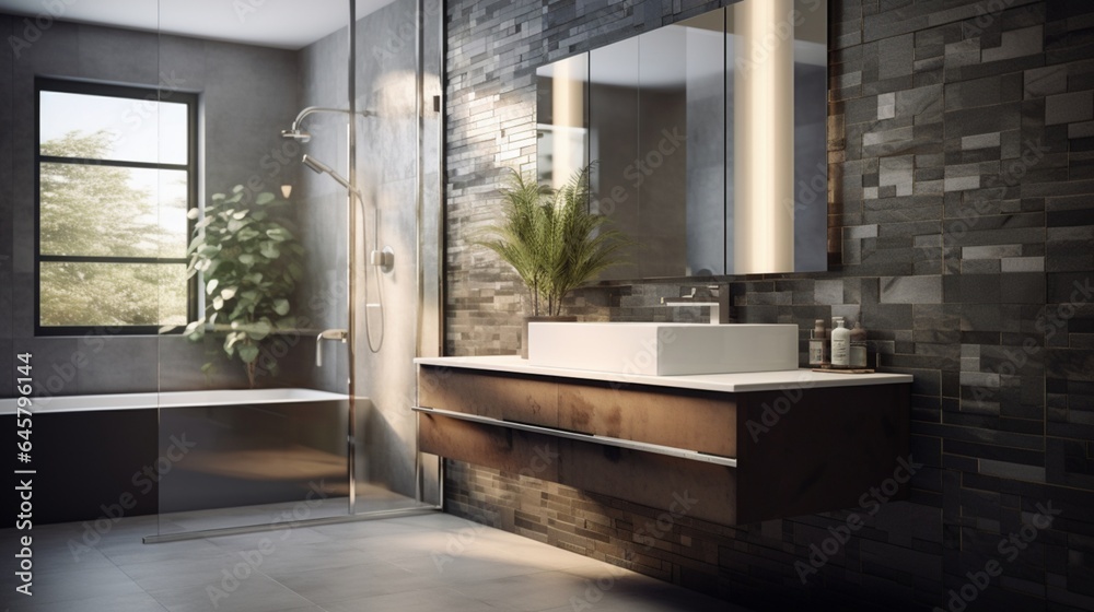 A bathroom with a floating vanity and mosaic tile accent wall A bathroom with a floating vanity and mosaic tile accent wall