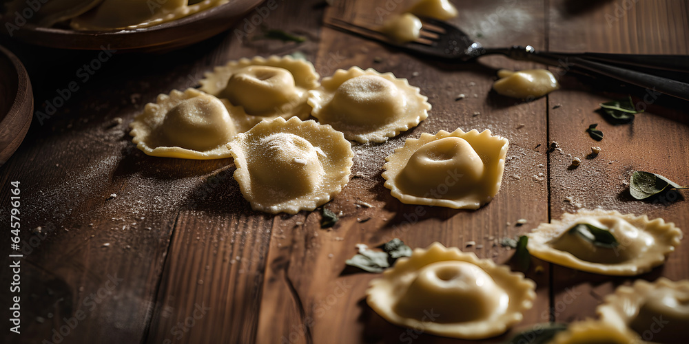 Fototapeta premium Fresh Ravioli pasta on wooden background. Homemade pasta.