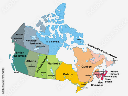 canada political map. map of canada with its provinces. canada map. photo