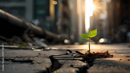 a small plant growing out of a crack in a city street, representing hope, new day, light at end of tunnel, new starts, survival, overcoming challenges, generative ai.  photo