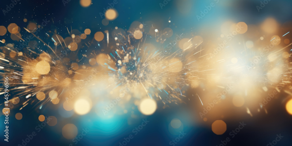 Abstract background new year, cheering crowd and blue and gold fireworks and celebrating holiday, copy space, generative ai