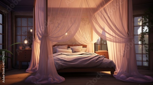 A bedroom featuring a canopy bed and flowing sheer curtains