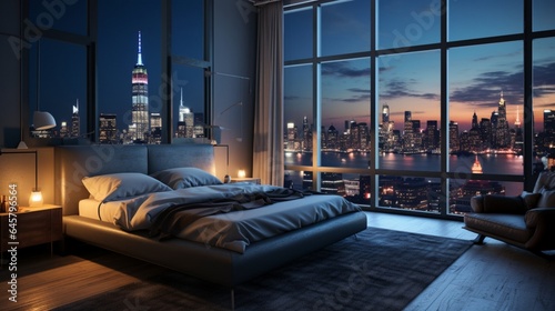 A bedroom with a cityscape mural as a focal point behind the bed