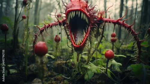 Mutated Venus flytrap monstrosity with nightmarish huge mouth filled with rows of sharp piercing teeth, flesh eating plant in very dangerous alien planet swamps, blood red color - generative AI photo