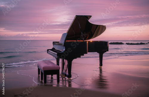 grand piano on the beach with sunset photo
