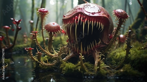 Mutated Venus flytrap monstrosity with nightmarish huge mouth filled with rows of sharp piercing teeth, flesh eating plant in very dangerous alien planet swamps, blood red color - generative AI