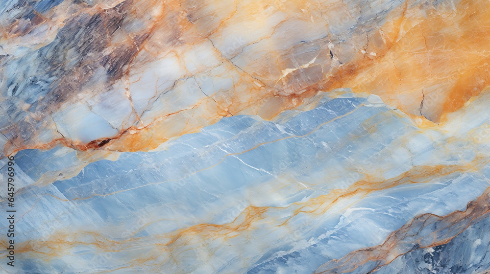 Fototapeta premium Natural Marble Symphony in Blue and Gold, Eco-Friendly Craftsmanship, Featuring Fine Lines and Delicate Curves in Light Indigo and Amber Tones, Texture, Wallpaper - Generative AI