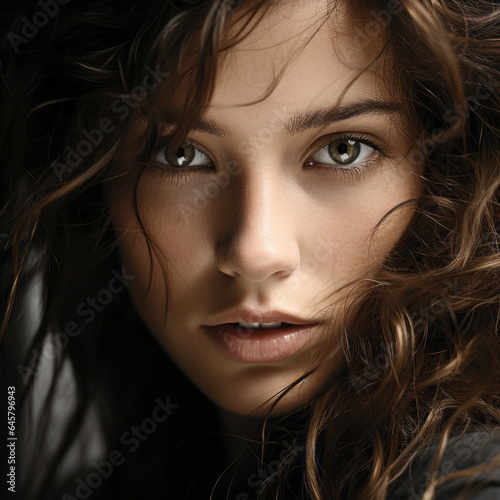 Junge wunderschöne bezaubernde Frau, brünettes welliges Haar, sinnlicher Blick, Model photo