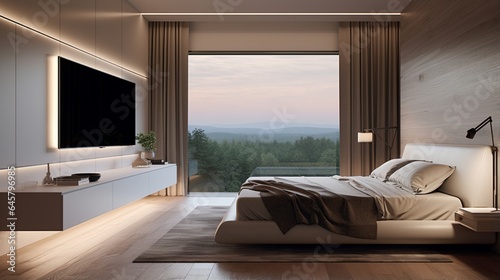 A bedroom with a wall-mounted TV that doubles as artwork