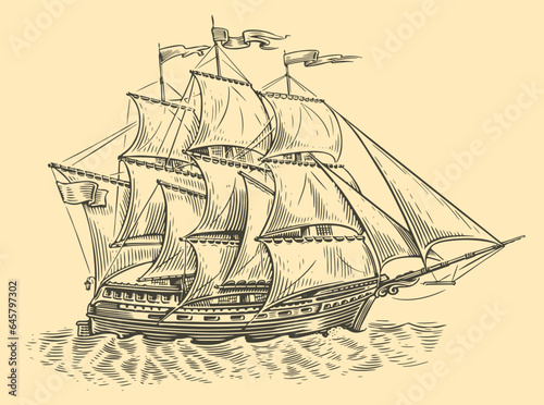 Sailing ship sketch. Old sailboat sails on the sea waves in vintage engraving style. Vector illustration