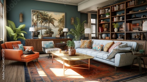 A blend of vintage and contemporary design in an eclectic living room