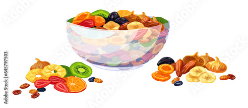 Transparent bowl with delicious dried fruits in cartoon style. Vector illustration of various dried fruits: kiwi, pineapple, orange, strawberry, banana, dried apricots, prunes, dates, raisins, figs.