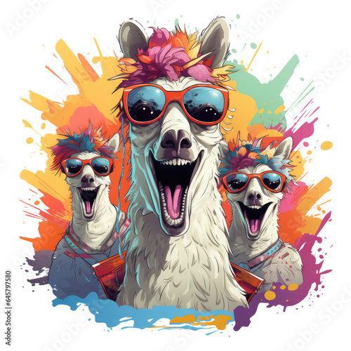 A comedic llama t-shirt design capturing a humorous scene of llamas participating in a talent show, dressed in quirky costumes, Generative Ai