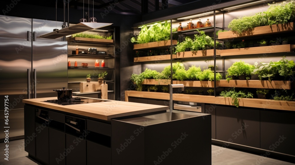A chef's kitchen with a custom spice rack and integrated herb garden A chef's kitchen with a custom spice rack and integrated herb garden