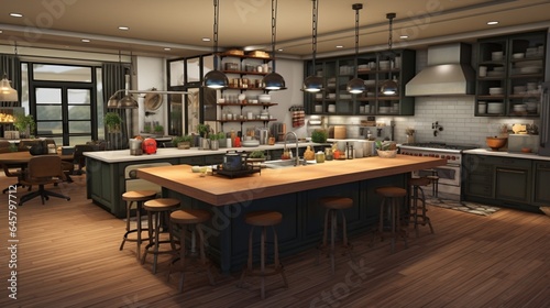 A chef's kitchen with a central prep island and multiple cooking stations