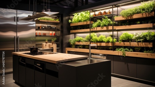 A chef's kitchen with a custom spice rack and integrated herb garden