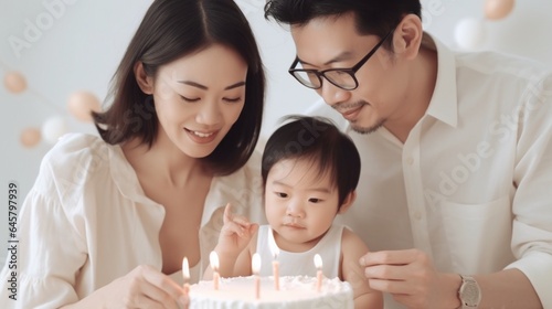 Studio shot of a joyful Asian family with kids and a birthday cake. Generative AI
