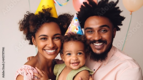 Loving Afro family with a child at a studio birthday celebration. Generative AI