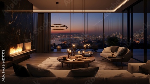 A chic living area with a double-sided fireplace and city views © MuhammadHamza