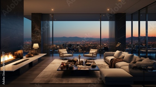 A chic living area with a double-sided fireplace and city views